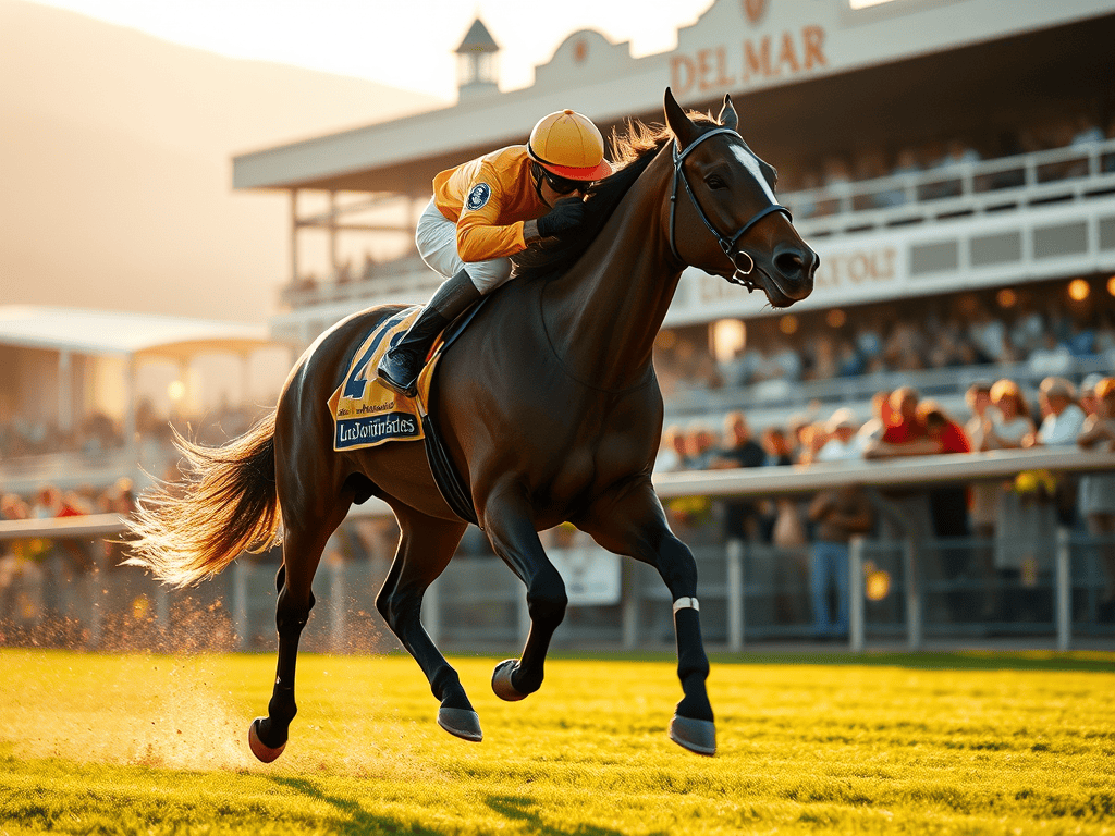 A racehorse with a jockey in orange silks galloping at Del Mar racetrack during sunset, showcasing speed and elegance.