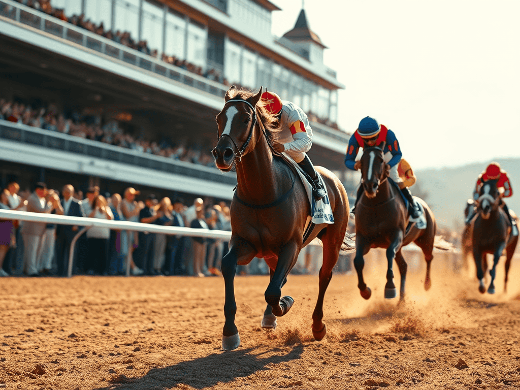 Three racehorses galloping on a dirt track with jockeys during a horse racing event, showcasing speed and competition.
