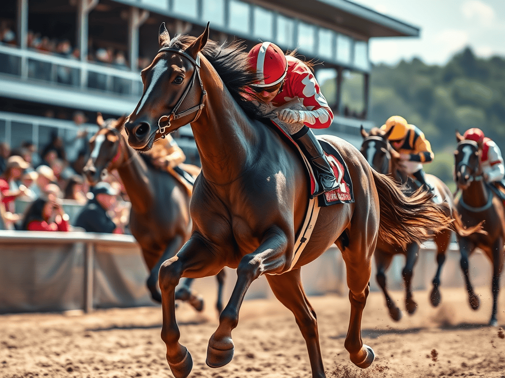 A thoroughbred racehorse galloping at high speed during a horse race, showcasing athleticism and competitive spirit.