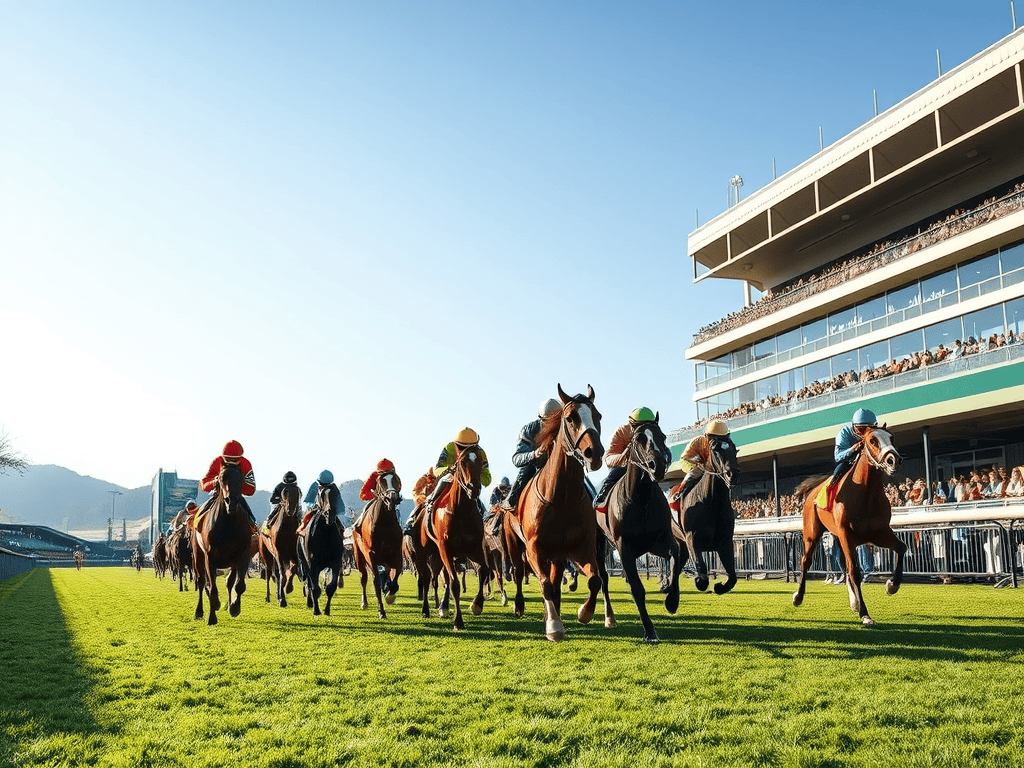 A dynamic scene of thoroughbred horses racing on a green track with jockeys in colorful silks during a sunny day.
