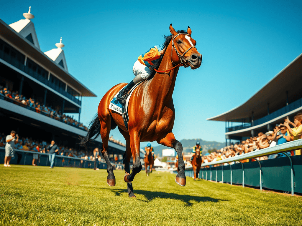 A racehorse galloping on a grassy track with a jockey in orange attire during a horse racing event.