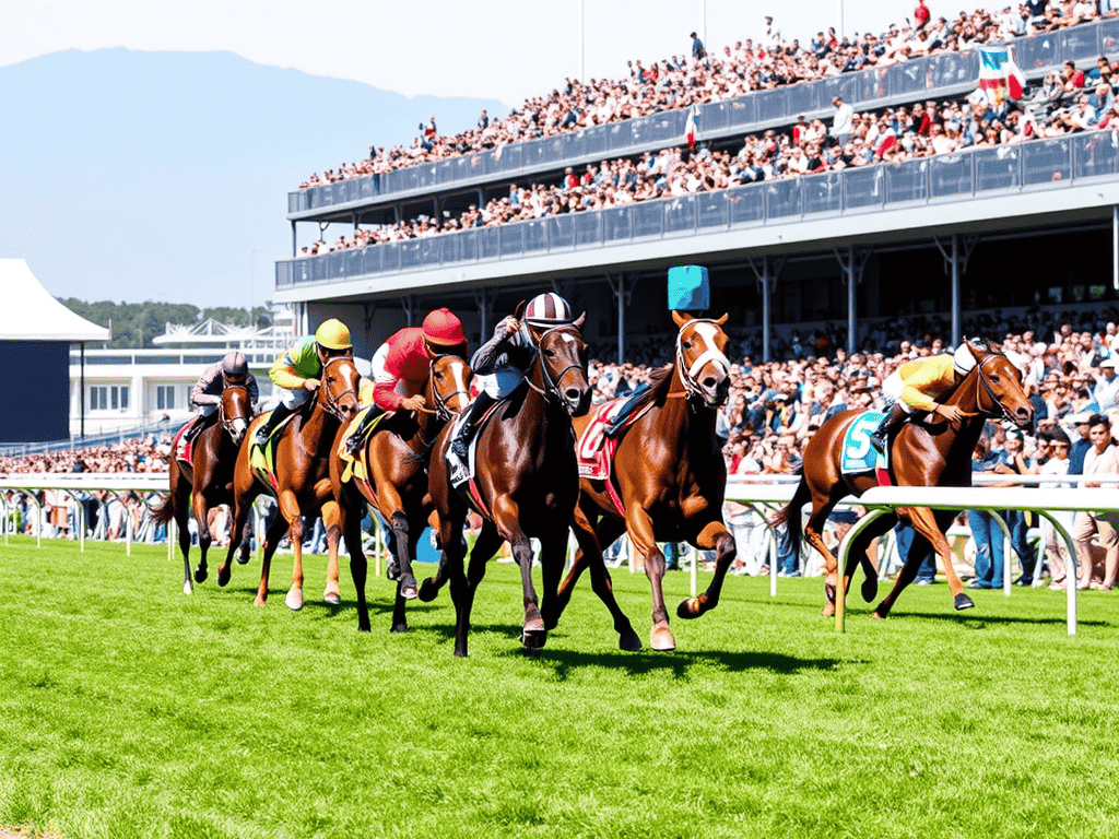 A group of horses racing on a grassy track with spectators in the background.