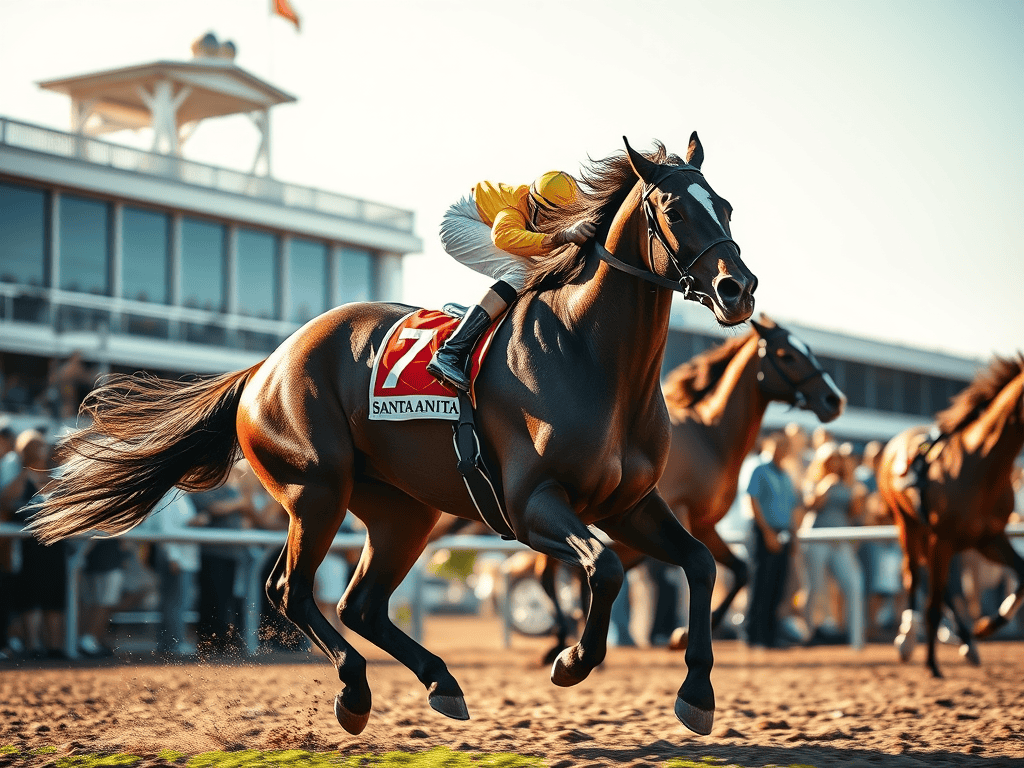 A racehorse with a jockey in yellow silks running at Santa Anita Park during a race.