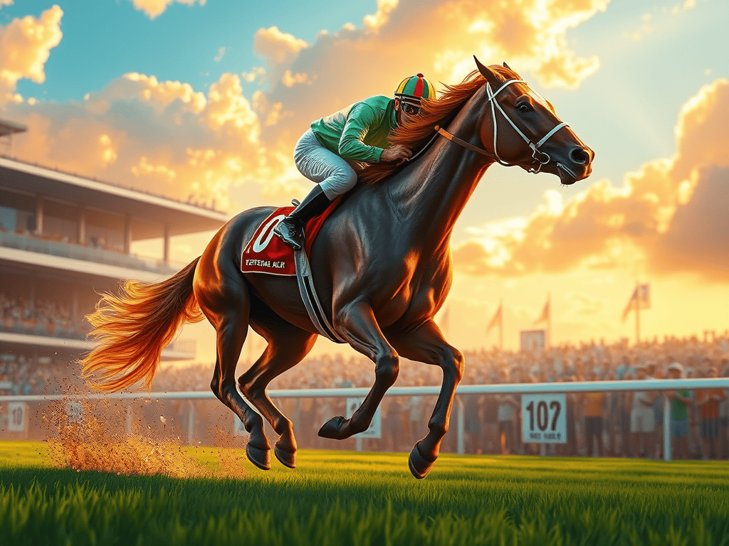 A dynamic image of a racehorse galloping with a jockey in colorful attire during a sunset, showcasing speed and energy.
