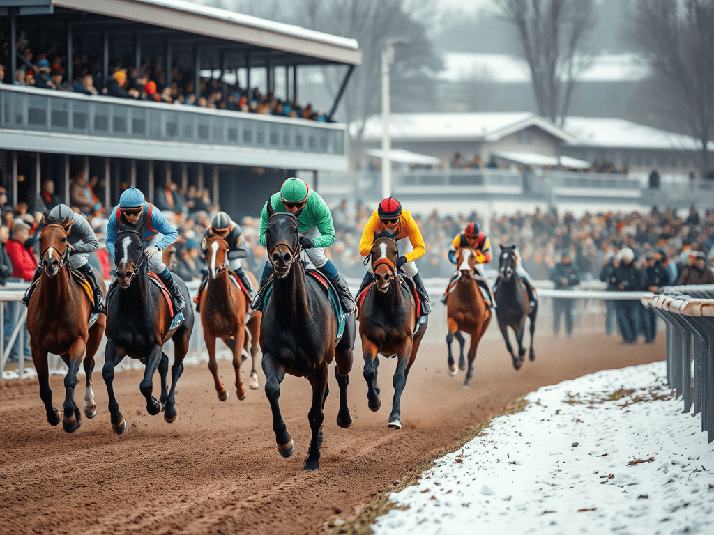 A group of horses with jockeys in colorful silks racing on a dirt track with spectators in the background.