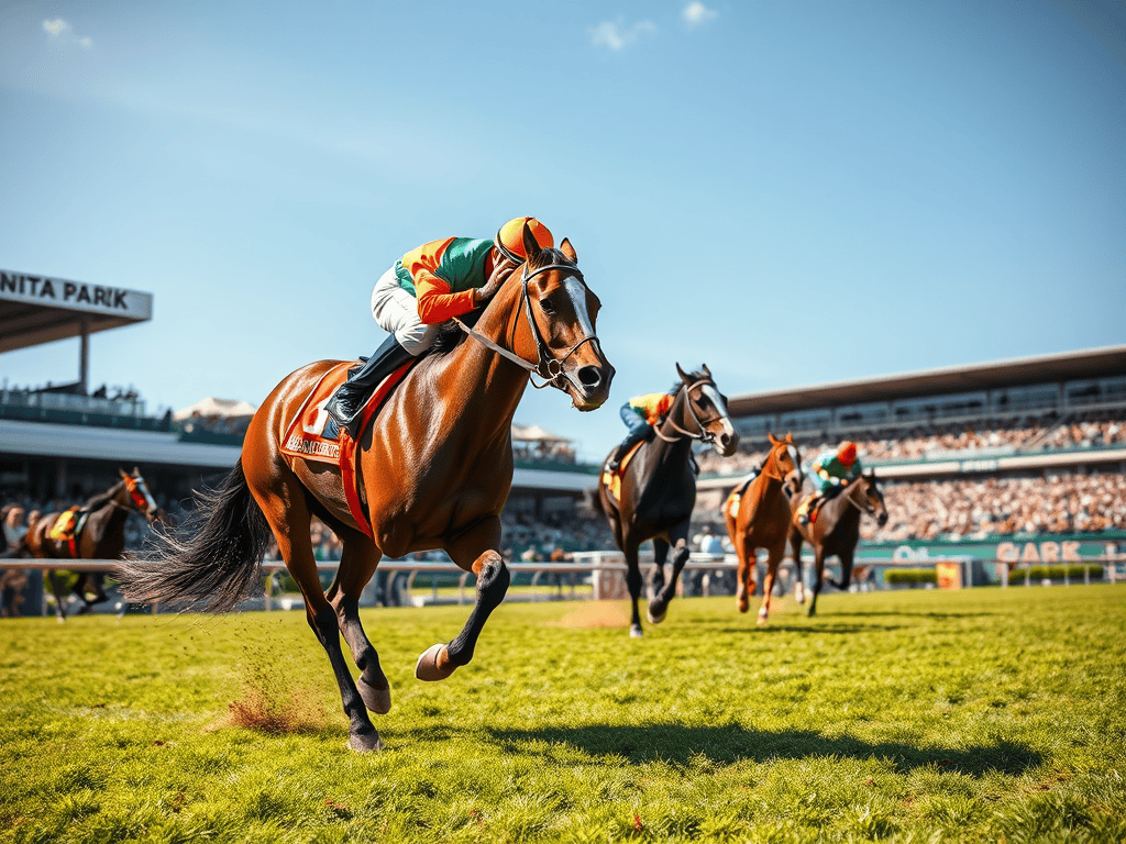 A thrilling horse race featuring multiple thoroughbred horses galloping on a green track, with jockeys in colorful silks at Santa Anita Park.