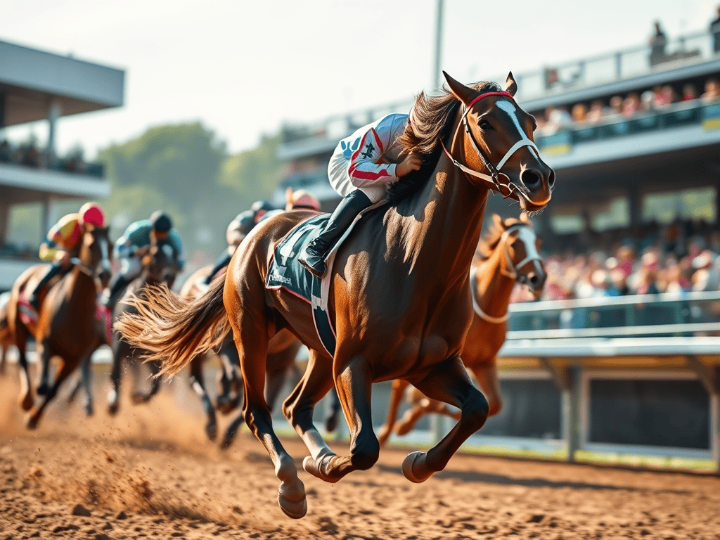 A thoroughbred horse racing at high speed with jockeys in colorful silks during a race event, showcasing athleticism and competition.