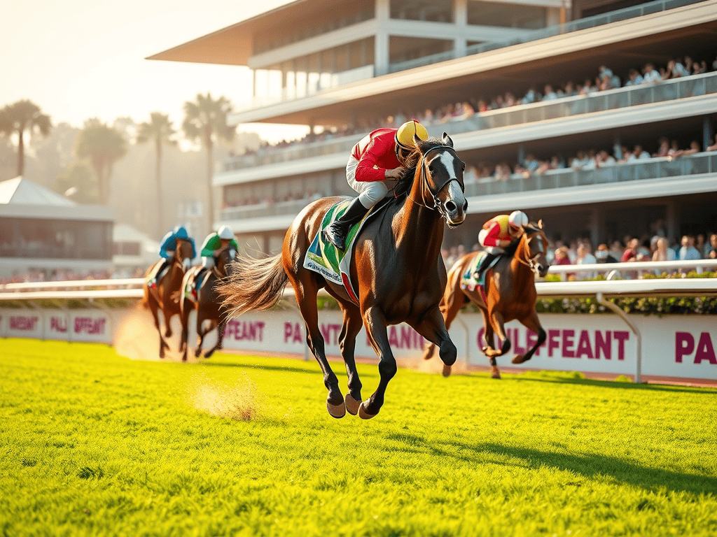 Thoroughbred racehorse galloping on a green racetrack with jockey in red and other horses in the background during a horse race.