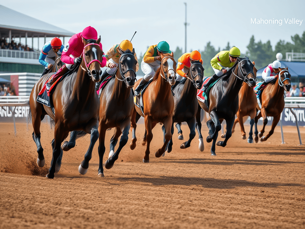 A thrilling horse racing scene featuring multiple horses and jockeys in colorful attire racing on a dirt track at Mahoning Valley.