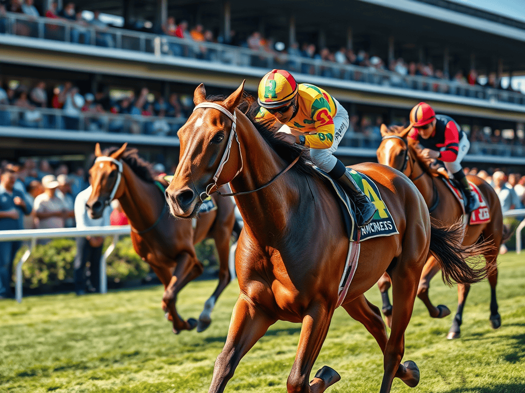 Thoroughbred horse racing with jockeys in colorful silks competing on a grassy track during a lively event.