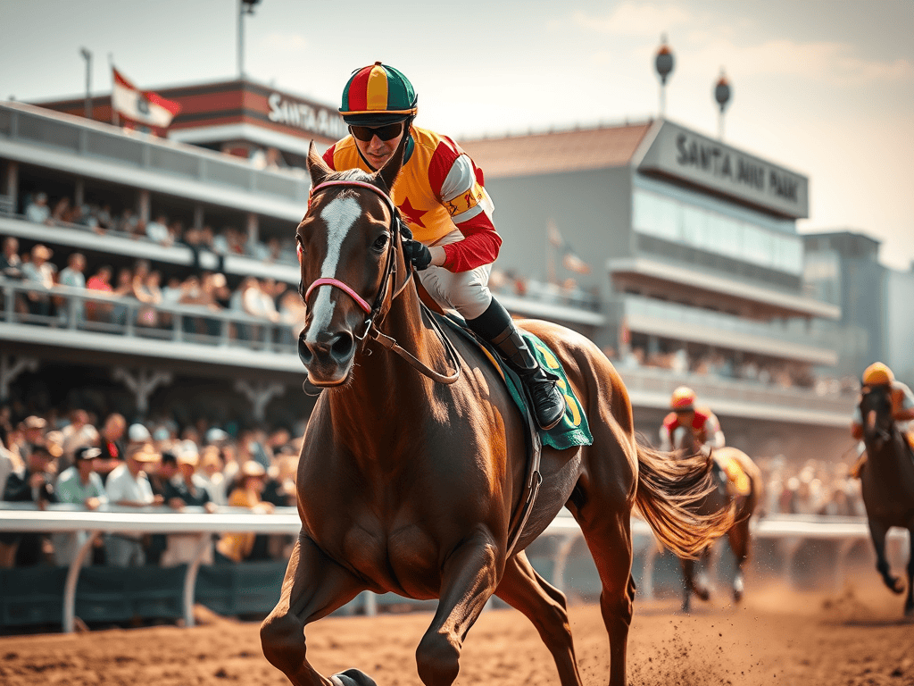 A racehorse with a jockey in colorful attire racing at Santa Anita Park, showcasing the excitement of horse racing.