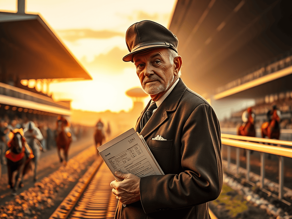 An elderly train conductor holding a clipboard at a horse race track during sunset.
