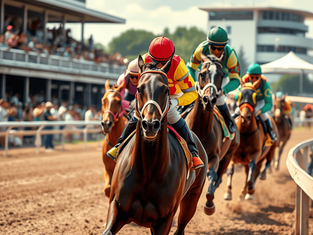 Jockey in a red helmet riding a horse during a race at Tampa Bay Derby with other horses in the background.