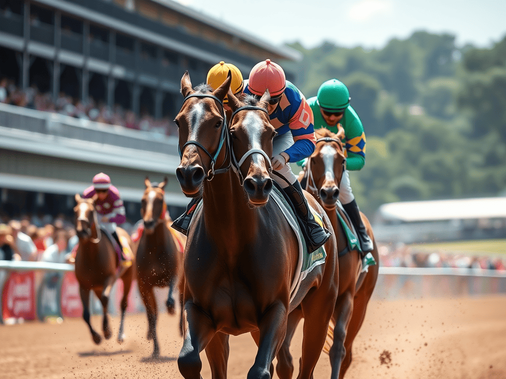 Three horses racing on a dirt track with jockeys in colorful silks during a horse race event.
