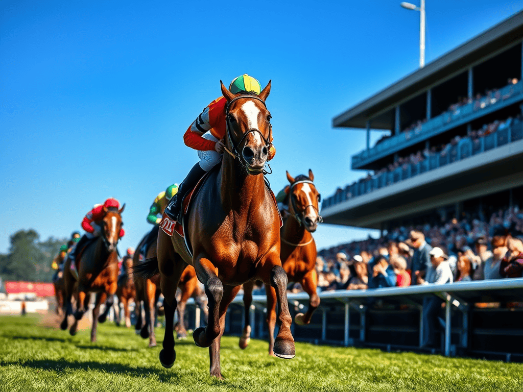 A group of racehorses running on a track with jockeys during a horse race event.