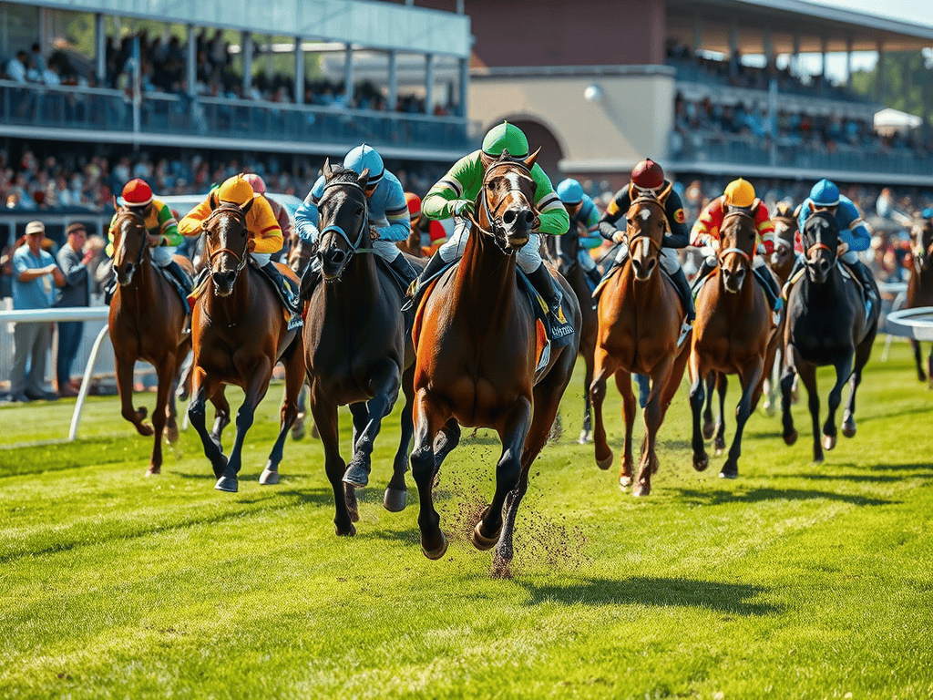 A group of horses racing at Keeneland, with jockeys in colorful silks and a crowd in the background.