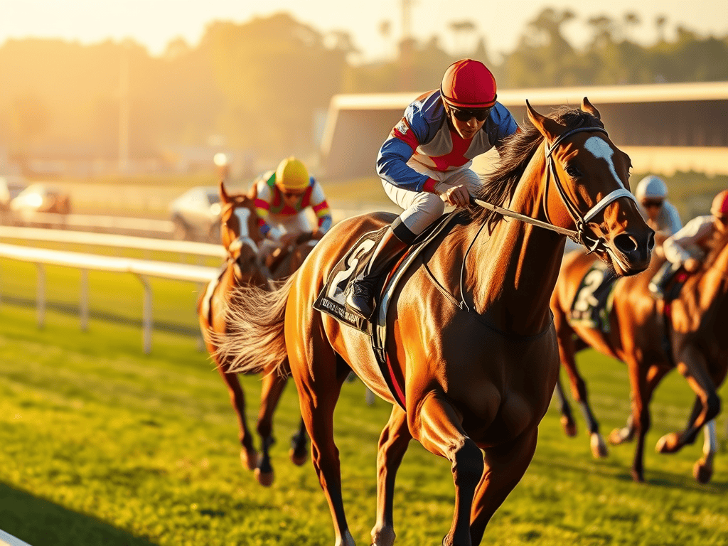 A jockey riding a thoroughbred horse during a race at sunset with other horses in the background.