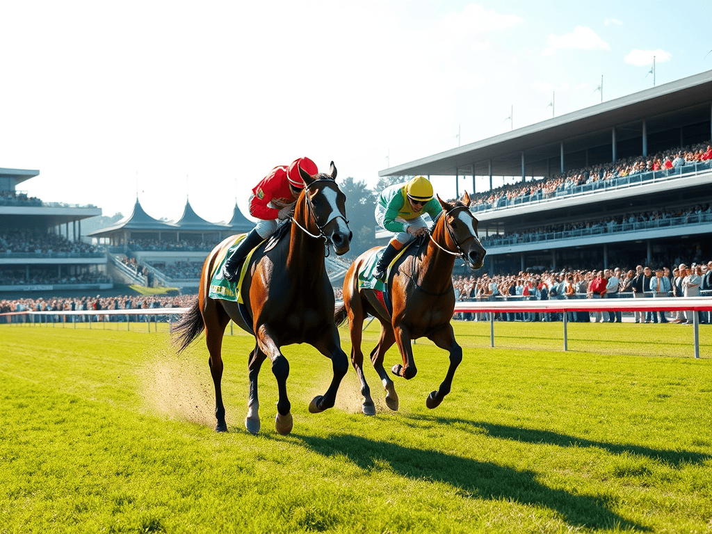 Two racehorses running on a grassy track with spectators in the background at a horse racing event.