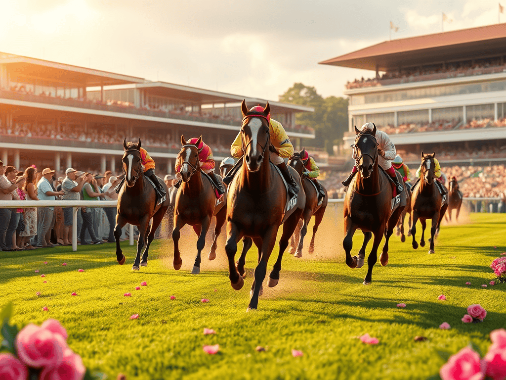 A group of horses racing on a grassy track during a horse racing event with spectators in the background.