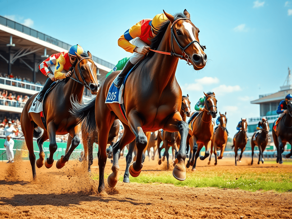 A group of racehorses running at high speed during the Kentucky Derby event.
