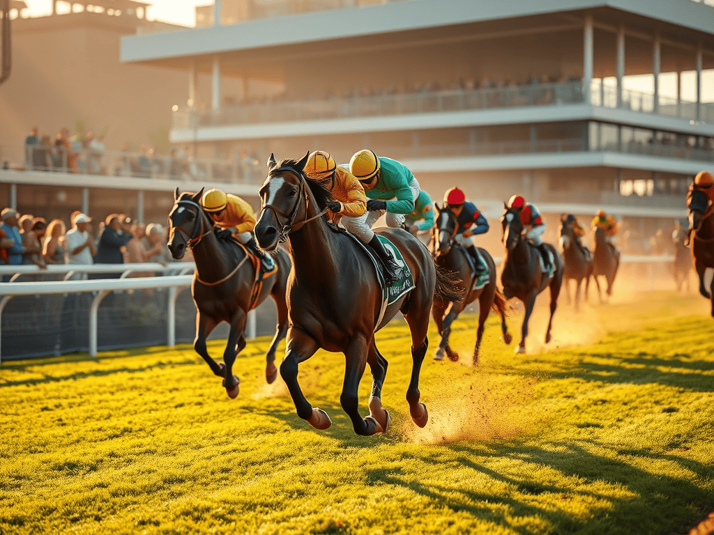 A group of racehorses with jockeys in colorful silks competing on a racetrack during a horse race.