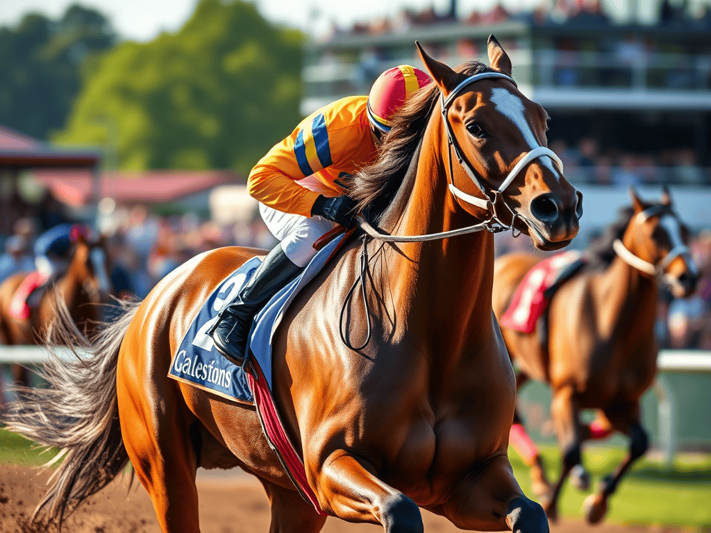A racehorse with a jockey in colorful silks racing at a horse racing event.
