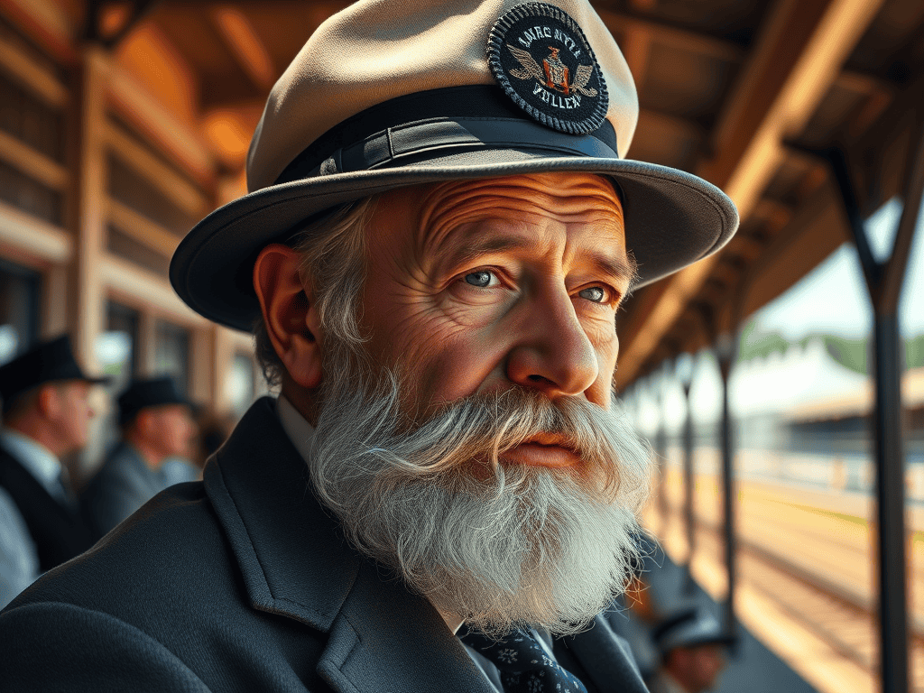 Portrait of an elderly train conductor with a white beard and a cap at a race track.
