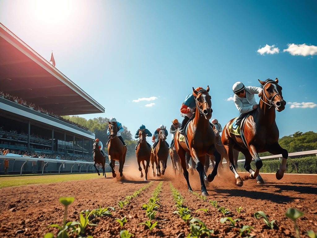 Several horses racing on a dirt track with jockeys in colorful uniforms during a horse racing event.