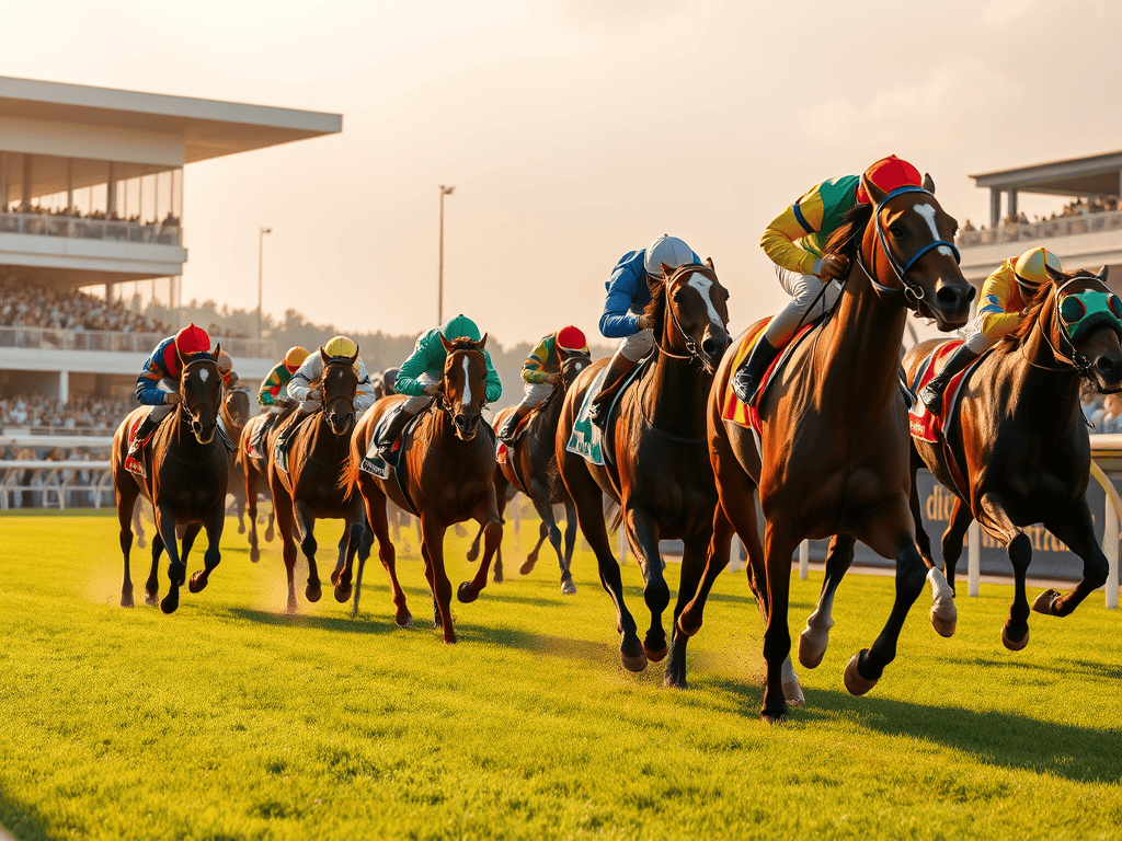 A group of racehorses with jockeys in colorful silks competing on a racetrack during sunset.