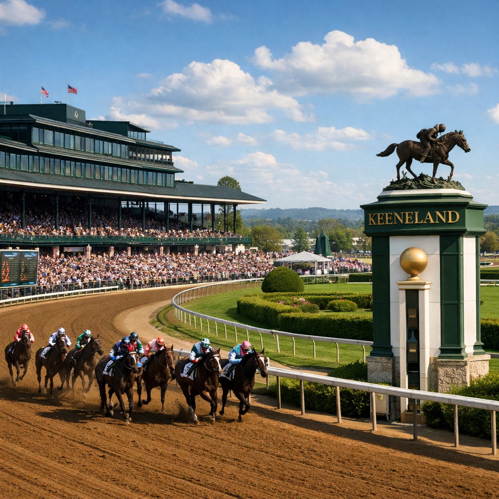 Thoroughbred horses racing on Keeneland dirt track with grandstand and statue