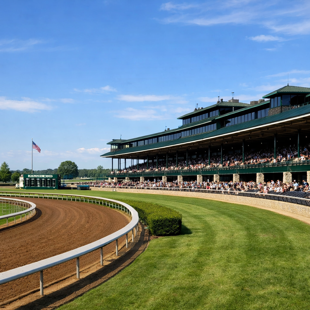 Keeneland racecourse grandstand alongside dirt track and grassy infield with American flag