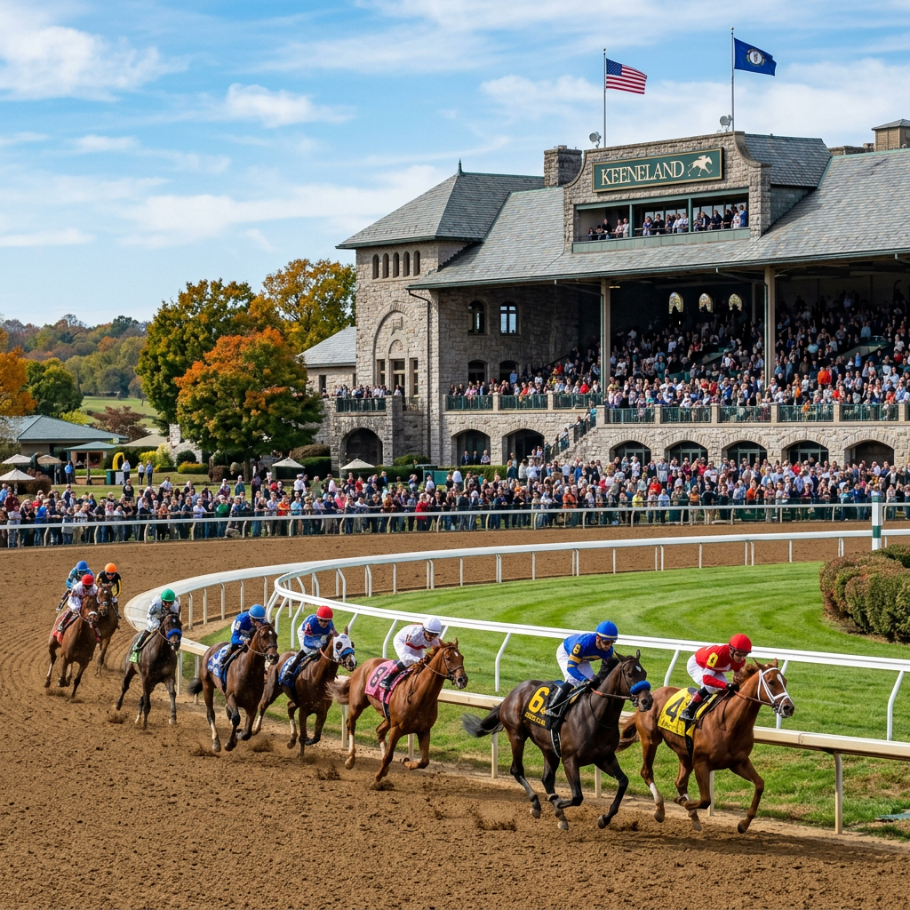 Racehorses with jockeys rounding curve at Keeneland with spectators