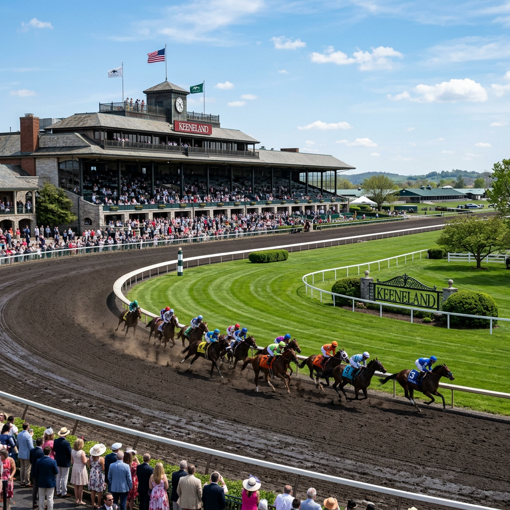 Jockeys riding horses in a race on Keeneland racetrack with spectators in stands and along the rails