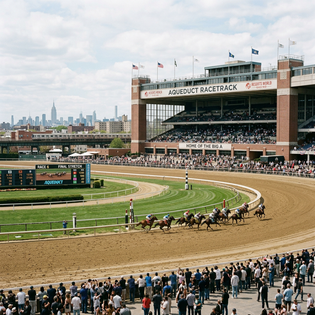 Horse race at Aqueduct Racetrack with crowd and city skyline