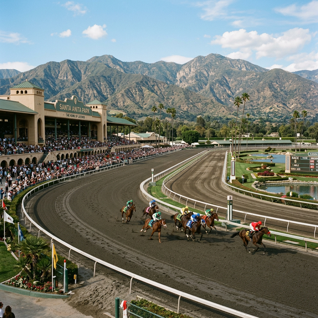 Horse race at Santa Anita Park racetrack with mountains and crowd