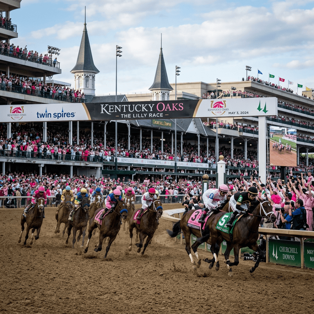 Horses racing at Kentucky Oaks at Churchill Downs with a large crowd