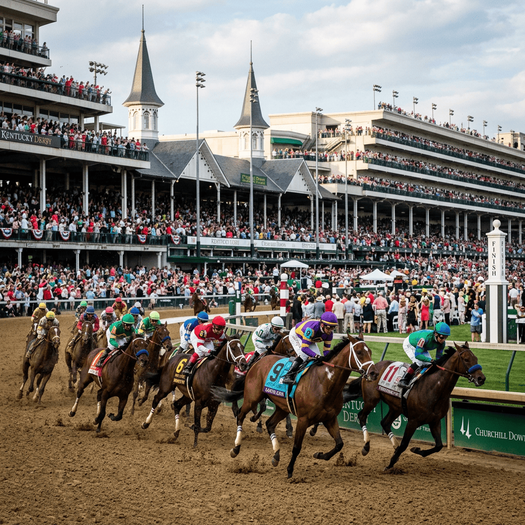 Group of jockeys riding horses nearing the finish line at Kentucky Derby race