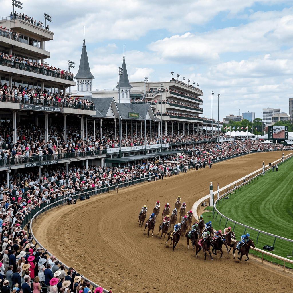 Racehorses and jockeys turning a corner on dirt track with large crowd and grandstand in background