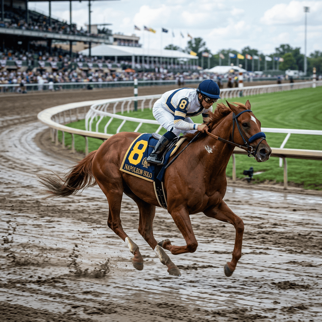 Jockey riding horse Napoleon Solo number 8 on a dirt racetrack